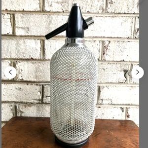 Vintage Soda Seltzer Wire Mesh Chain Metal Siphon Red Line Bohemia Glass Czech